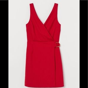 Red v-neck faux wrap dress -Petite